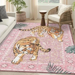 Bold Pink Wildlife Tiger Pattern Rug Jungle Animal Print Carpet NonSlip Floor Mat for Living Room Bedroom Area Modern Home Decor