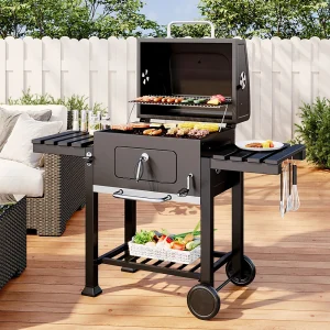Outdoor Carbon Steel BBQ Grill Mobile Stove Charcoal BBQ Grill with Side Table, Patio Garden BBQ Grill Portable BBQ Trolley