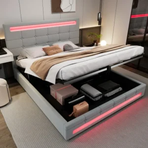 Upholstered bed, hydraulic bed, adults teenagers 4ft6 double bed 135x190cm, square embellishment, with 7colors LED-light strips