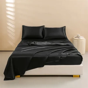 Satin Bed Sheets, Queen Size Sheets Set, 4 Pcs Silky Bedding Set 1 Deep Pocket Fitted Sheet + 1 Flat Sheet + 2 Pillowcases