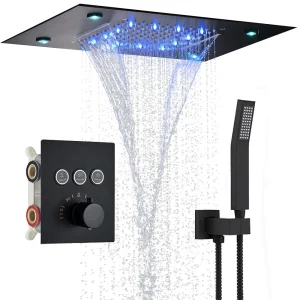 Digital Display Thermostatic Rain Shower System Set 14 X 20 Inch Waterfall Rainfall LED Ceiling Shower Head with HandShower