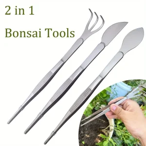 1pc 2-in-1 Stainless Steel Root Rake with Bonsai Tweezers with Ergonomical Handle Soil Farming Tool for Succulents Crafting