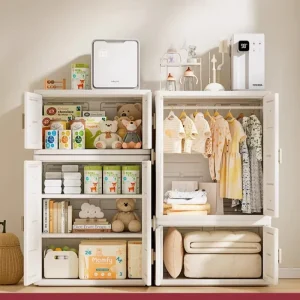 Kids Wardrobe Closet Organizer Space Saving Portable Freestanding Nursery Bedroom Storage Cabinet Cute Cartoon Design White