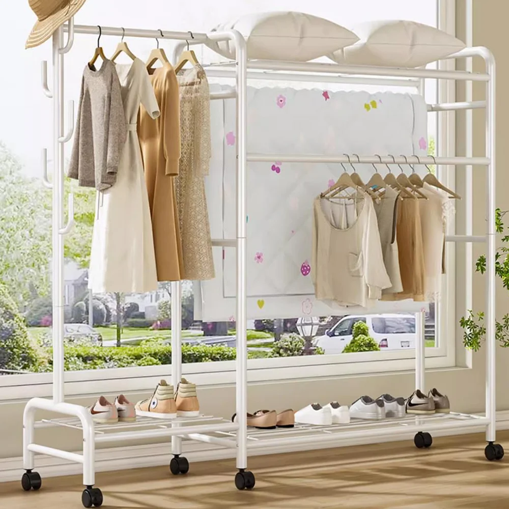 Clothing Rail Coat Rack Movable Multi-Rail Clothes Shelf Floor-Standing Clothes Hanger Bedroom Clothes Rack Stand - Image 5