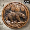 2D Flat, 1pc, Round Wooden Bear Wall Art Sign - 8x8 Inch Rustic Bear in Forest Decorative Plaque for Home, Office, Kitchen, Bar,