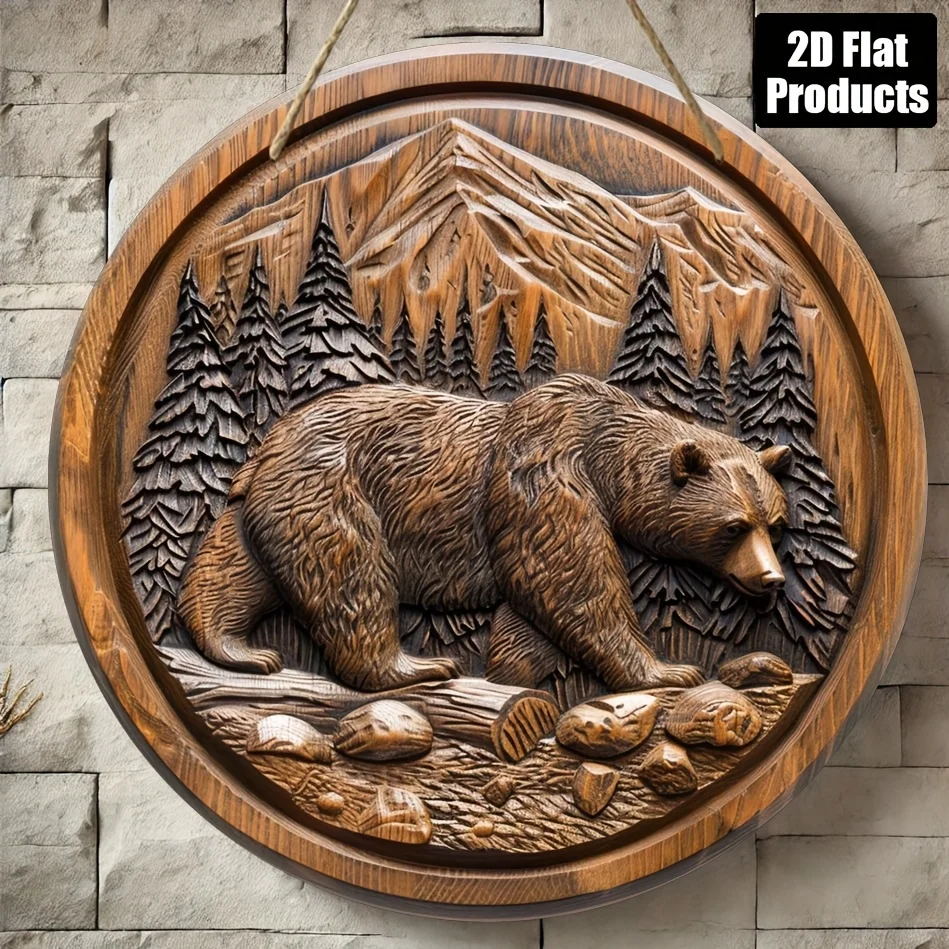 2D Flat, 1pc, Round Wooden Bear Wall Art Sign - 8x8 Inch Rustic Bear in Forest Decorative Plaque for Home, Office, Kitchen, Bar,