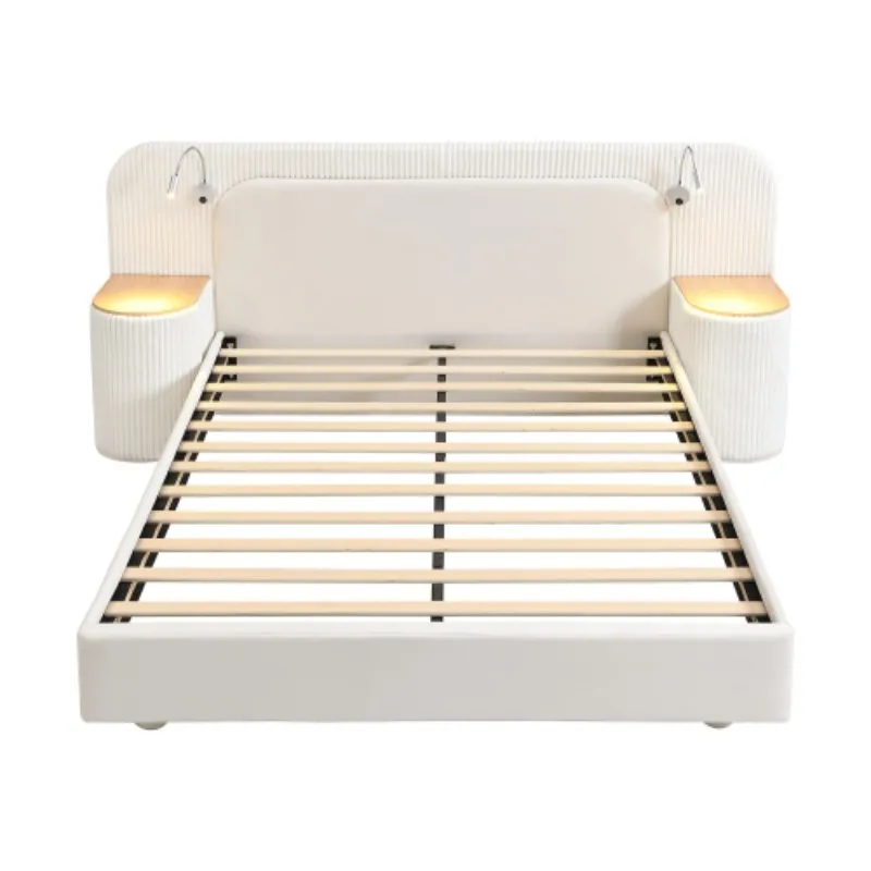 Upholstered bed, 4ft6 double bed 135×190cm, Bedside reading light, Includes bedside table, Velvet + Plywood, Beige - Image 3