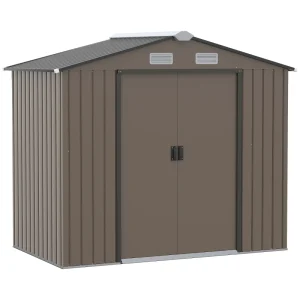 7 x 4ft Metal Garden Shed, Outdoor Storage Tool House with Ventilation Slots, Foundation Kit and Lockable Double Doors, Brown