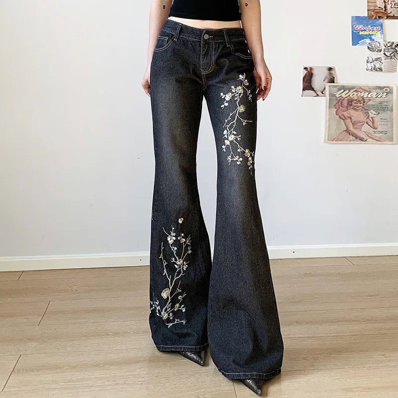 Jeans Women Y2k Pants Vintage American Retro High Street Bodycon Slim Fit Flared Low Rise Plant Embroidery Long Trousers