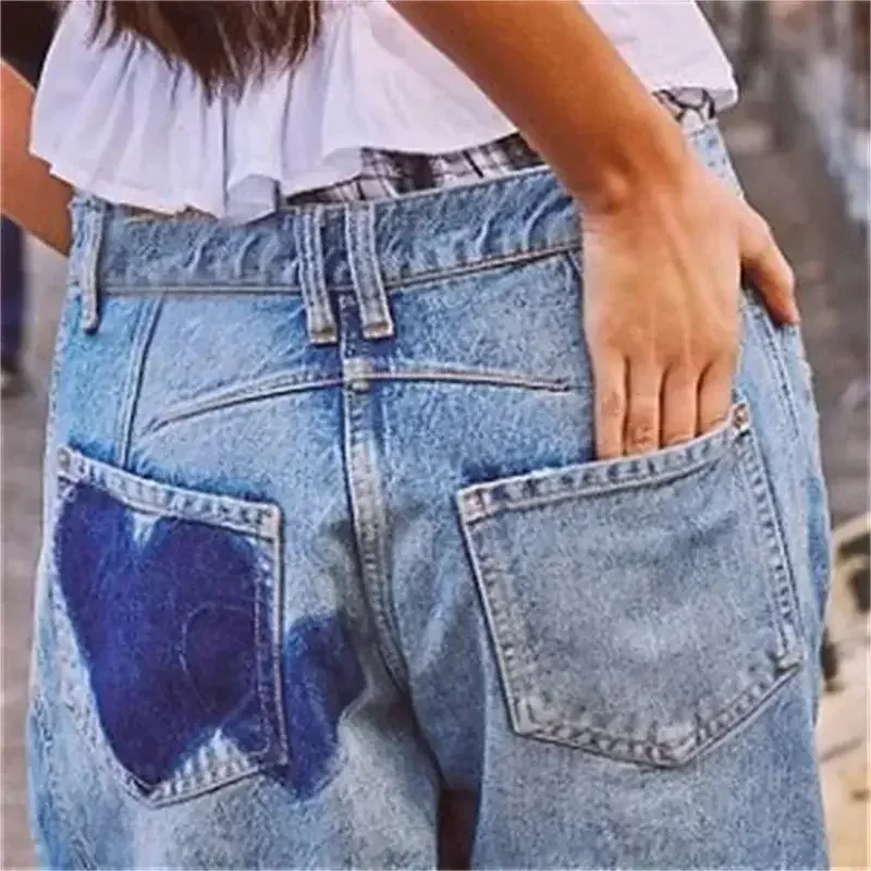 2024 Fashion Love Print Decoration Denim Pants Women Loose Straight Jeans Female Casual Midi Waist Trousers New Trend Streetwear - Image 6