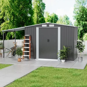 【Breeins】4x8 ft Spire Top Tool Room with Shed Outdoor Metal Storage Shed with Lean-to