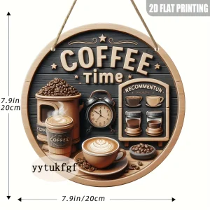 2D Flat, 1pc Exquisite Coffee Plaque, 2D Flat Wooden Sign, Round Wall Decor (8x8 Inches), Rustic Coffee-Themed Design with "COFF
