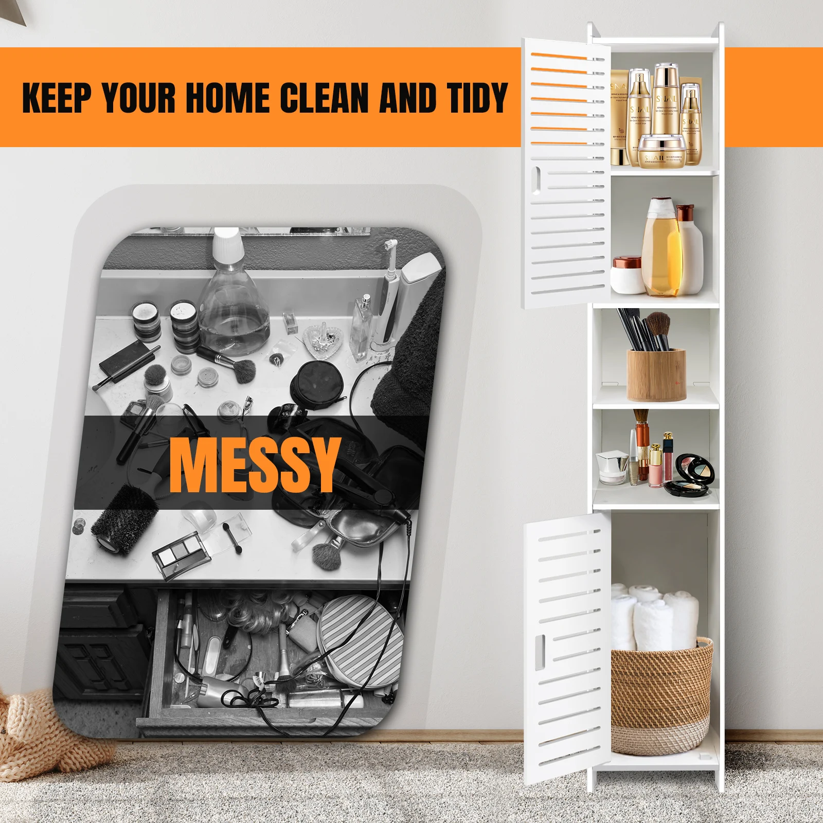 5-Tier Tall Mirrored Bathroom Cabinet Storage Cupboard PVC Floor Standing Tallboy Unit, for bedroom, living room display cabinet - Image 2