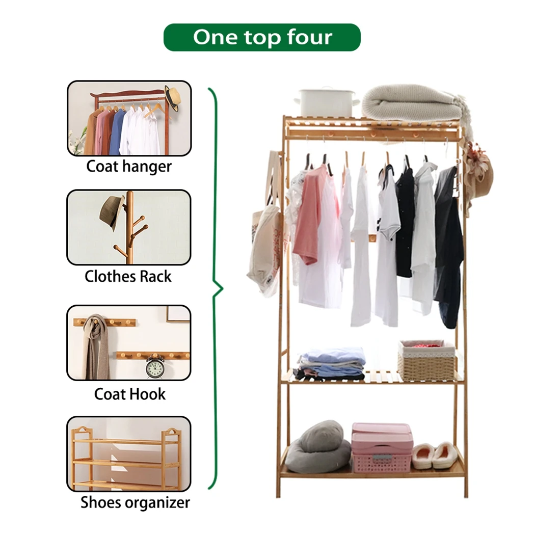 Bamboo Clothes Rail Stand Garment Rack Heavy Duty with 3 Tier Storage Shelves - Image 3