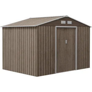 Outsunny 9 x 6ft Metal Garden Shed, Outdoor Storage Tool House with Ventilation Slots, Foundation Kit, Light Brown