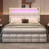 PINGGO 4ft6 Double Upholstered Bed Frame Hydraulic Storage, Velvet Ottoman Bed LED Lighting and Charging Station (No Mattress)