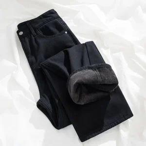 Women's Autumn/Winter Jeans Fleece-Lined and Thickened Straight-Leg Loose-Fit Plus Size for Cold Weather Classic Stretch Trouser