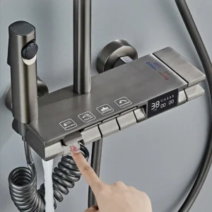 Matte Gray Piano Shower Set Brass Bathroom Shower System Wall Mounted Bathtub Hot Cold Faucet Set New 4Way Bathroom Shower Sets