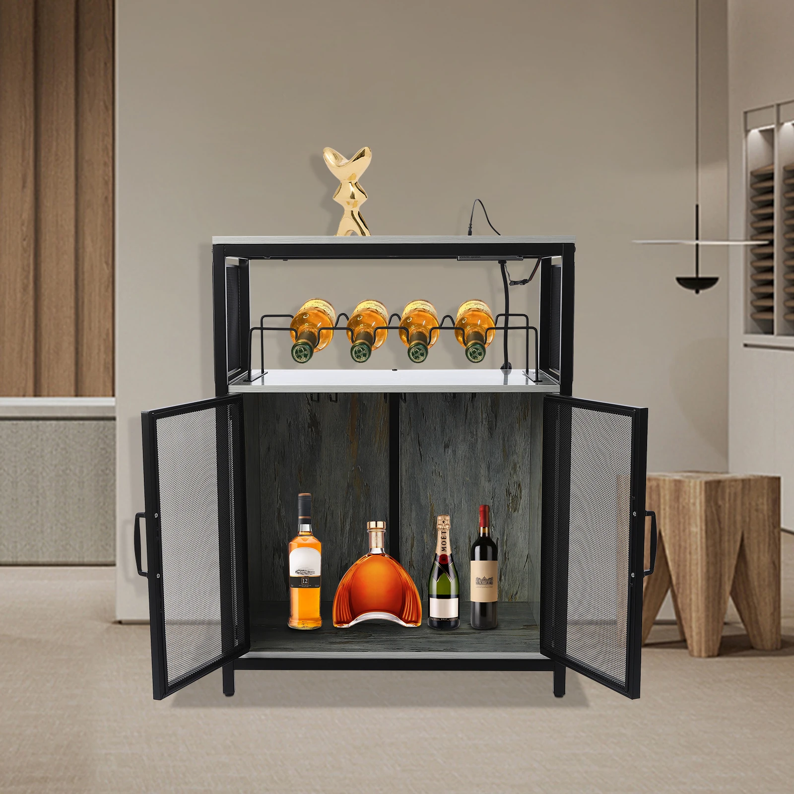 Multifunctional Wine Bar Cabinet, Acts As Coffee Bar/Buffet/Sideboard, Plastic Anti-Slip Foot Mats, Raised Bottom, Dark Brown - Image 6