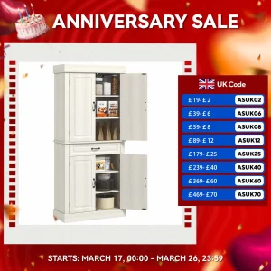 HOMCOM 180cm Kitchen Pantry Storage Cabinet Server Food Organizer, White