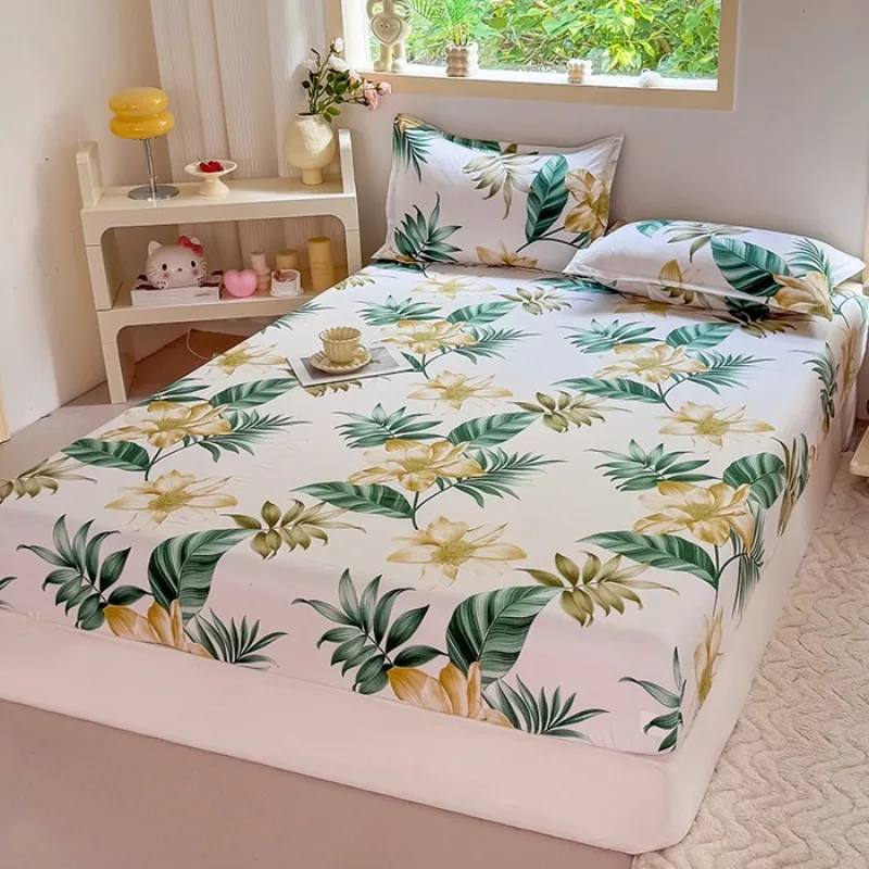3PC Tropical Floral Fitted Sheet Set, Green Leaf Flower Printed Bedding Set with Pillowcases - Image 2