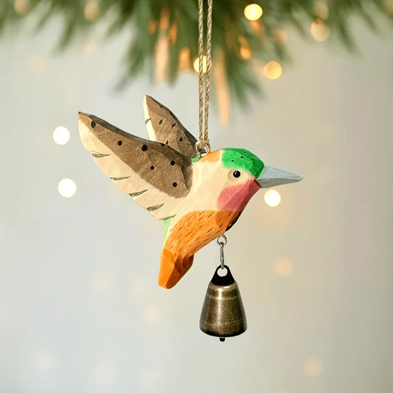 1pc Hand-Carved Solid Wood Hummingbird Wind Chime Pendant -Wood Grain Flying Bird Sculpture with Soothing Sound,Rustic Farmhouse - Image 2