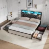 PINGGO 4ft6 Double Bed with 4 Storage Drawers, Bed Frame with Concealed Headboard Storage, with LED Lighting (No Mattress)