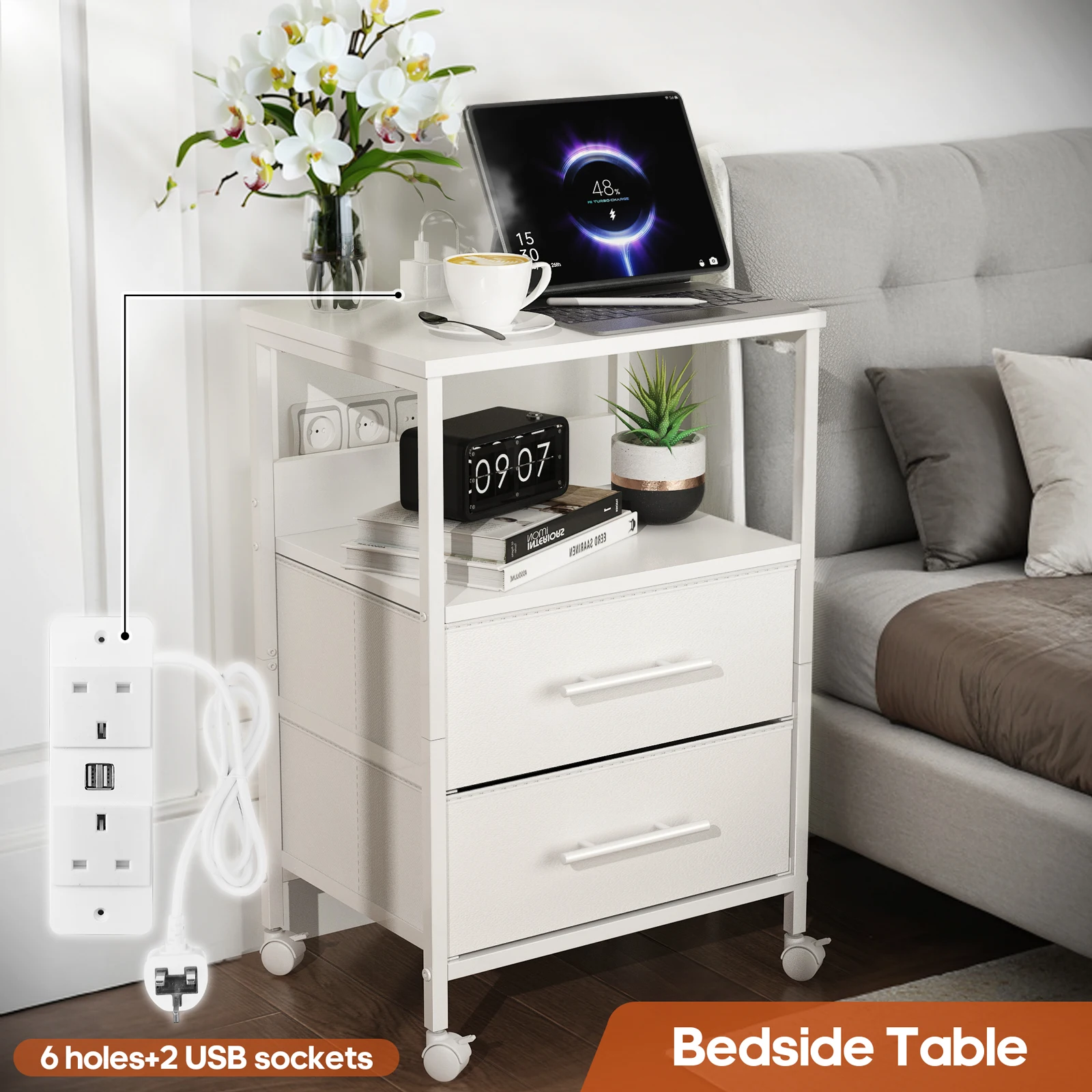Bedside Table With Charging Station Nightstand With 2 Outlets And 2 USB Ports With 4 Castors - Image 2