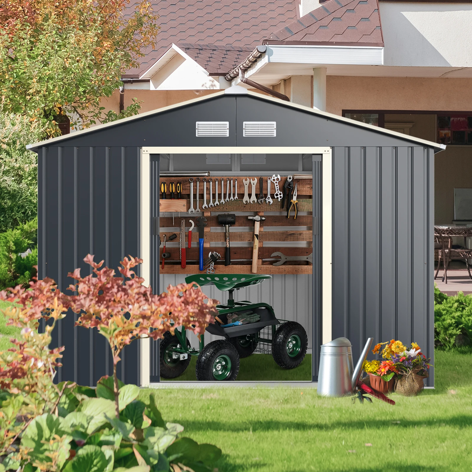 GOFLAME Outdoor Metal Storage Shed,277 x 191 x 202 cm, Steel Garden Tool Shed W/ 4 Vents & Double Sliding Door - Image 3