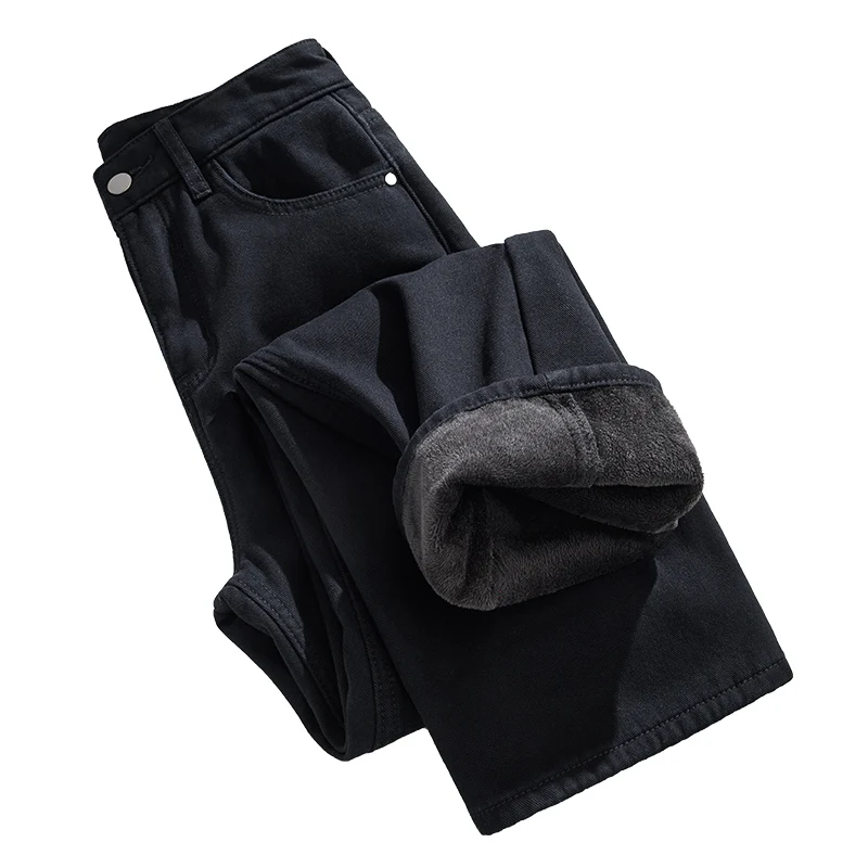 Women's Autumn/Winter Jeans Fleece-Lined and Thickened Straight-Leg Loose-Fit Plus Size for Cold Weather Classic Stretch Trouser - Image 5