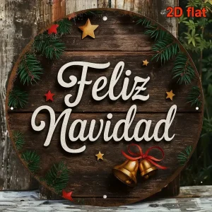 8x8 Inch Spanish Christmas Sign with "Feliz Navidad" - Rustic Wooden Round Wall Decor, 2D Flat Design, Perfect for Walls, Doors,
