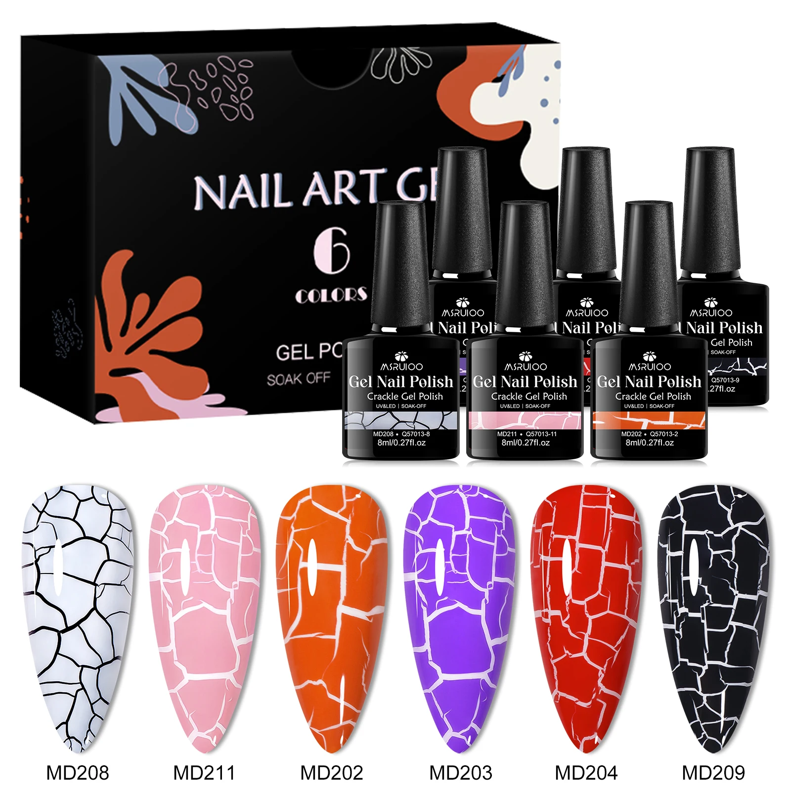 6pcs 8ml Crackle Gel Nail Polish Set Cracking Nail Gel Quick Dry Nail Art Varnishes Hybrid Semi Permanent Soak Off UV Gel Polish