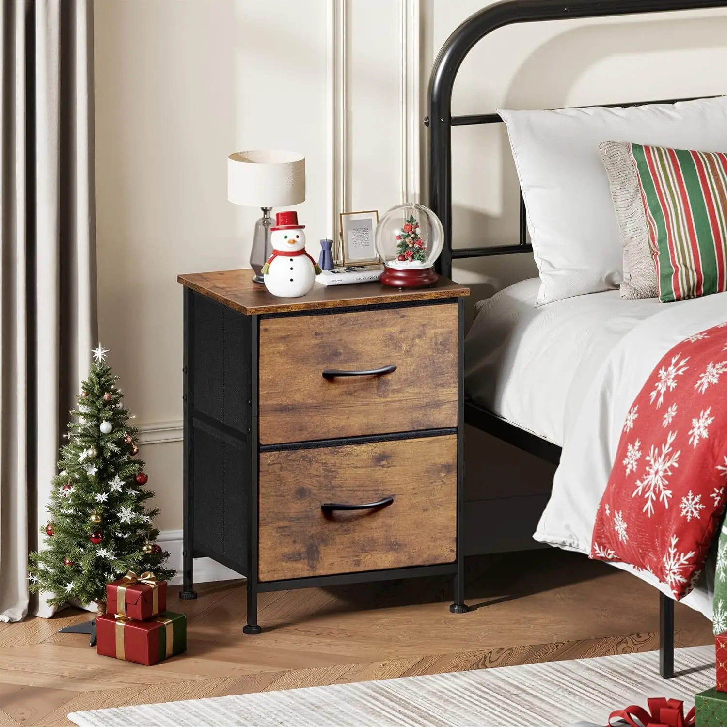 Nightstand with 2 Drawers & Fabric Bins, Rustic Brown Bedside Table for Bedroom, Dorm, Entryway. - Image 5