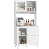 Getone Tall Kitchen Cupboard, 180cm Tall Storage Cabinet, Sideboard Pantry Cabinet with 4 Drawers, Glass Doors, Countertop White 180x80x40cm