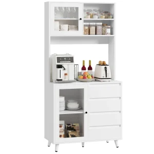 Getone Tall Kitchen Cupboard, 180cm Tall Storage Cabinet, Sideboard Pantry Cabinet with 4 Drawers, Glass Doors, Countertop White 180x80x40cm