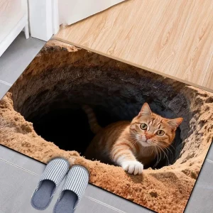 3D Optical Illusion Cat Round Hole Door Mat Daily Home Absorbent Anti-slip Carpet Living Room Bedroom Bathroom Doorway Decor Rug