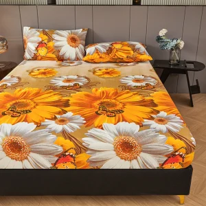 3PC Yellow Sunflower Butterfly Fitted Sheet Set, Floral Pattern Bedding for Bedroom Decor