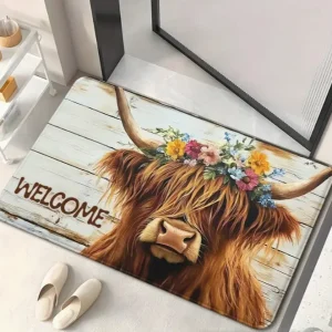 Enchanting Highland Cows Welcome Door Mats Rustic Wooden Board Flowers Entrance Bathroom Bedroom and Living Room Cow Decoration