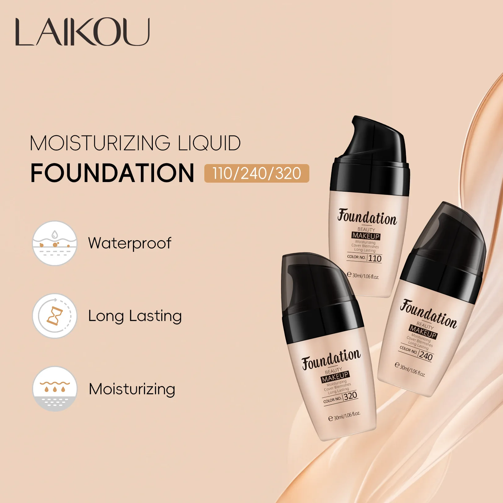 LAIKOU Liquid Foundation Multiple Shades Hydrating Natural Finish Creamy Full Coverage Makeup Base Long Lasting Wear 30ml - Image 3