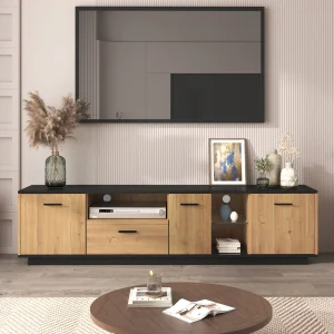 PINGGO Living Room TV Cabinet With One Drawer Three doors And Two Open Glass Compartments With Adjustable LED Lights