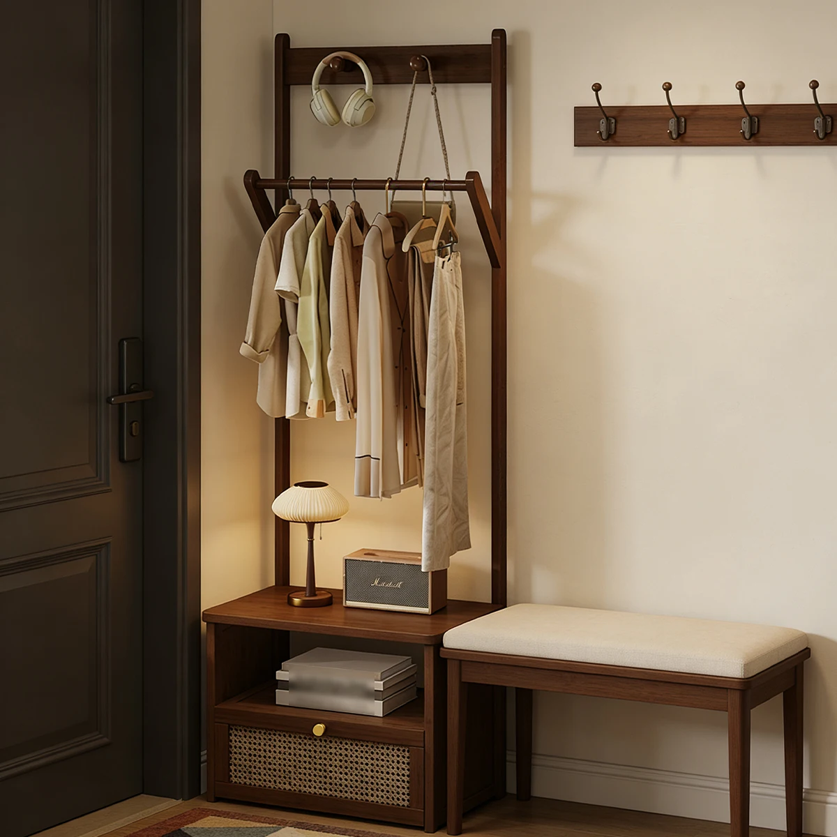 Bamboo 2-in-1 Bedside Rack & Nightstand - Small Space (40/50cm) with Drawer, Shelf & Hanging Rod for Essentials - Image 4