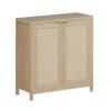 Rattan Storage Cabinet, Sideboard with 2 Rattan Doors, Adjustable Shelves & Hidden Gold Handles, 50kg Capacity, Freestanding Cup