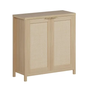 Rattan Storage Cabinet, Sideboard with 2 Rattan Doors, Adjustable Shelves & Hidden Gold Handles, 50kg Capacity, Freestanding Cup