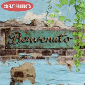 2D Flat, 2D Plane Vintage "BENVENUTO" Metal Sign - 16x4 Inch Rustic Italian Welcome Wall Art, Durable Iron Home Garden Cafe