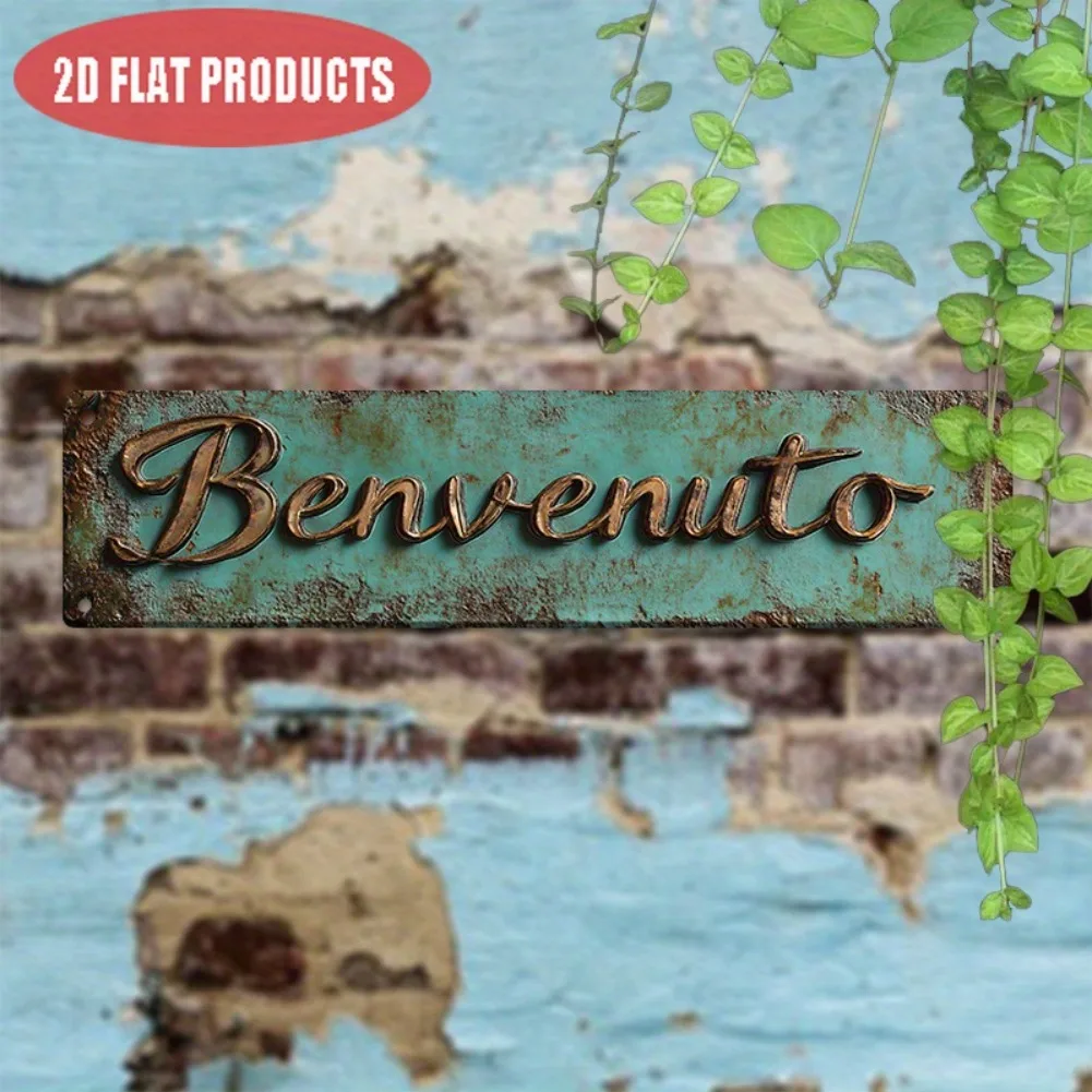 2D Flat, 2D Plane Vintage "BENVENUTO" Metal Sign - 16x4 Inch Rustic Italian Welcome Wall Art, Durable Iron Home Garden Cafe