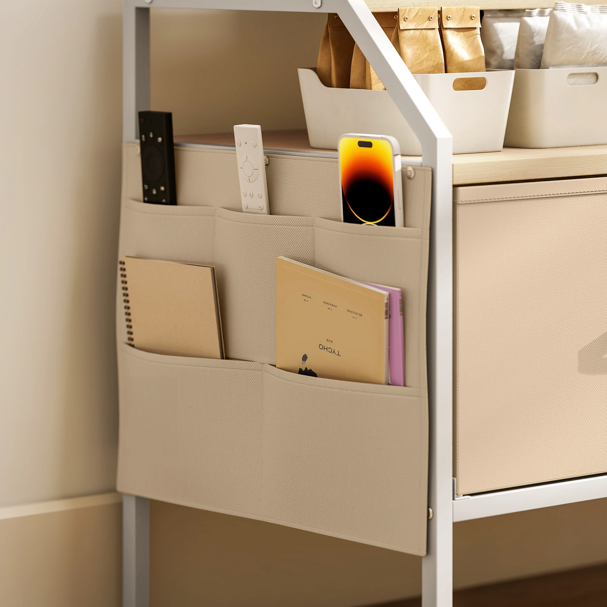 HOMCOM TV Stand Cabinet with 2 Foldable Drawers, Natural Wood Finish - Image 5