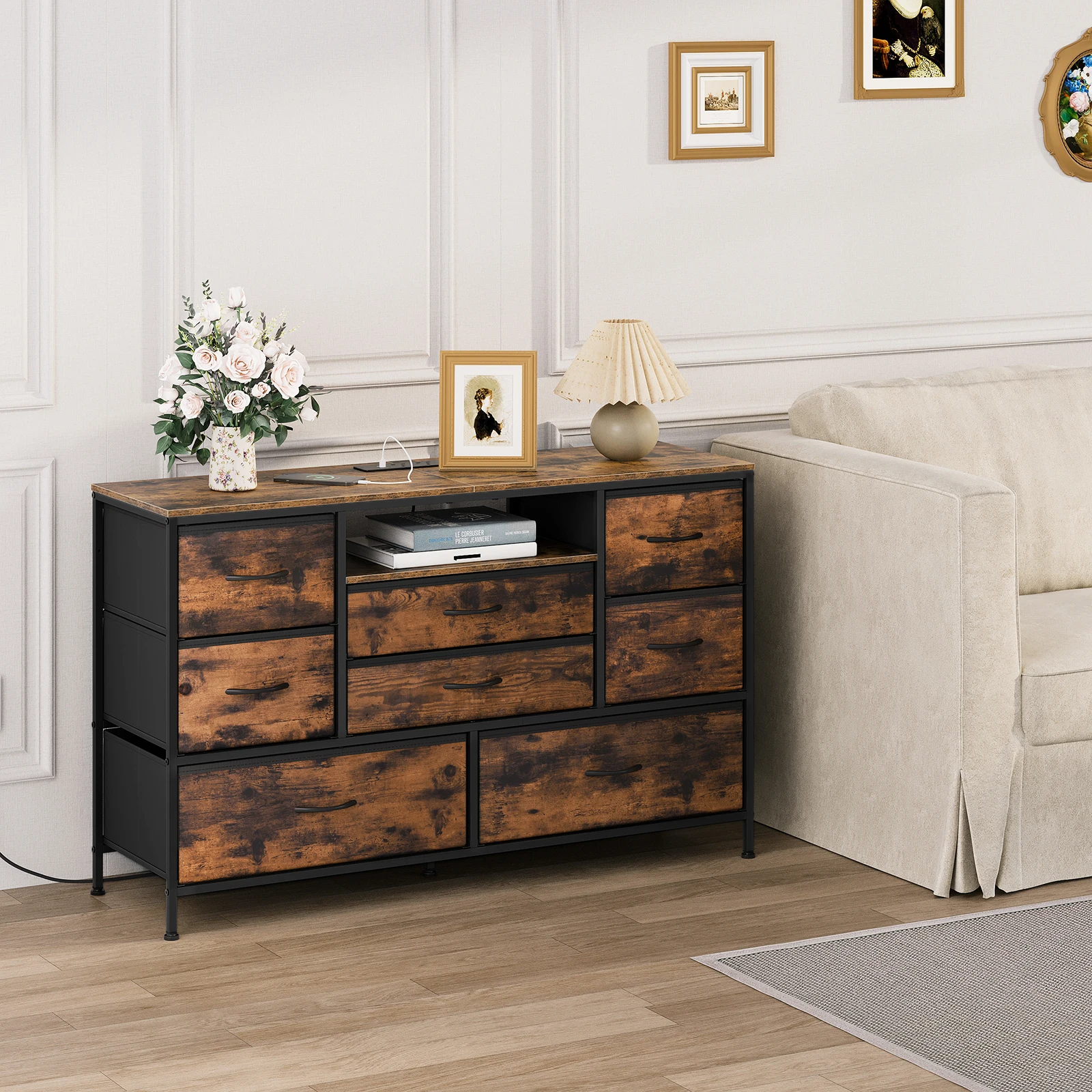 Chest of Drawers with 8 Drawers Sideboards TV Cabinet with LED Light 2 Sockets & USB for Living Room Bedroom Hallway Organizer - Image 5