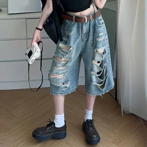 Summer Women Ripped Designer Baggy Jeans Lady Retro Fashion High Waist Capri Pants Female Chic Solid Thin Denim Shorts