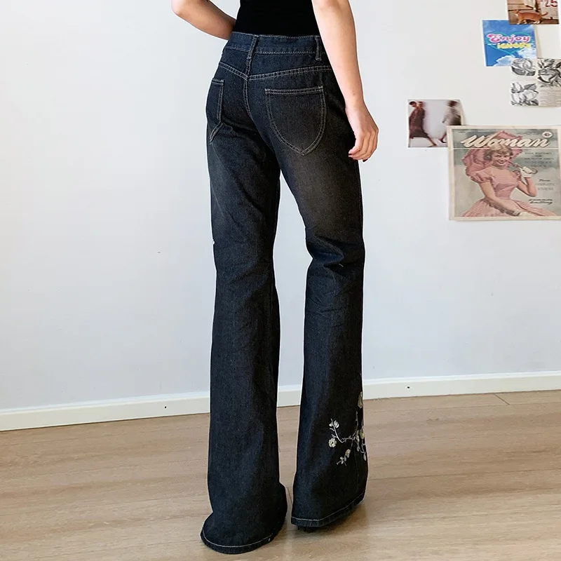Jeans Women Y2k Pants Vintage American Retro High Street Bodycon Slim Fit Flared Low Rise Plant Embroidery Long Trousers - Image 2