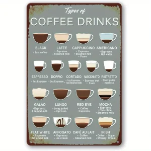 Vintage Coffee Knowledge Metal Sign - Rustic Wall Art, for Kitchen & Bar, Drink Types Tin Poster, Perfect G